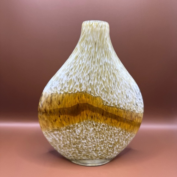 Vintage Mid-Century Murano Glass Gradient Marble Khaki Mustard Teardrop Vase 8” - Picture 4 of 6